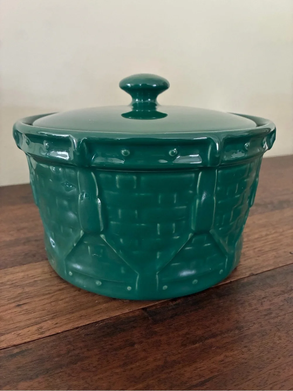 Longaberger Pottery Ivy Green Woven Drum Crock with Lid